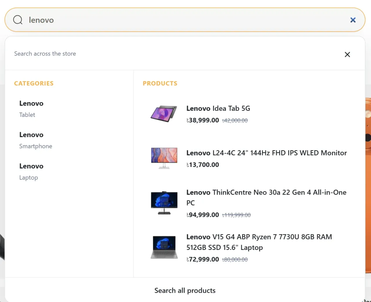 Search panel while typing "lenovo": three Lenovo categories with their parent paths (Tablet, Smartphone, Laptop) on the left, and product previews with images, sale prices and old prices on the right