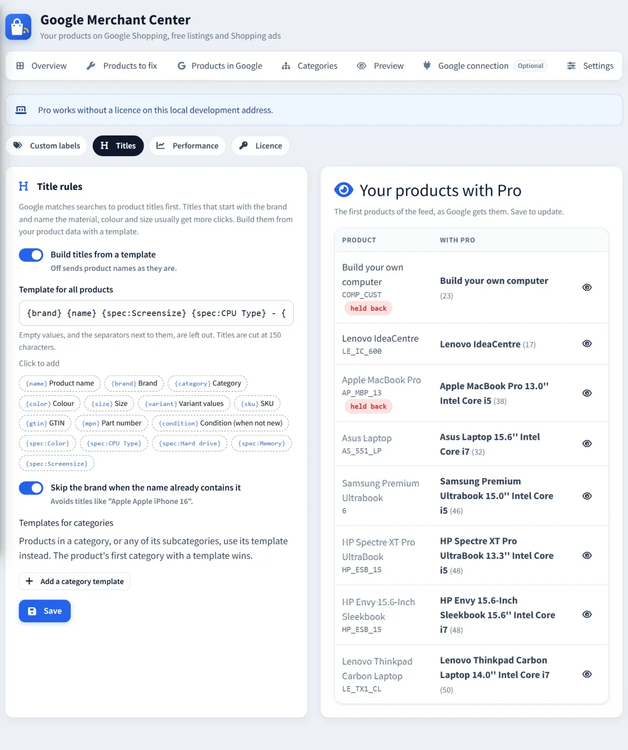 Title rules page in nopCommerce admin with the template {brand} {name} {spec:Screensize} {spec:CPU Type}, clickable tokens, and a preview of each product’s title before and after, such as Asus Laptop becoming Asus Laptop 15.6'' Intel Core i7