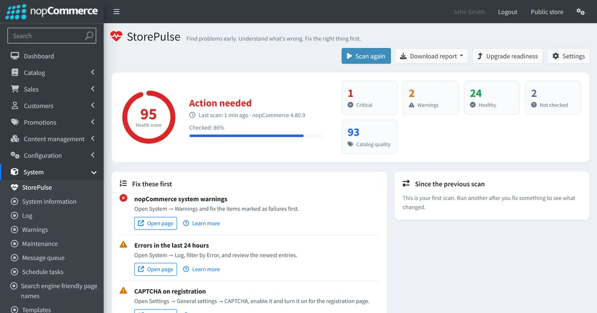 StorePulse dashboard in the nopCommerce admin area, showing a health score, problems to fix first and findings by category.