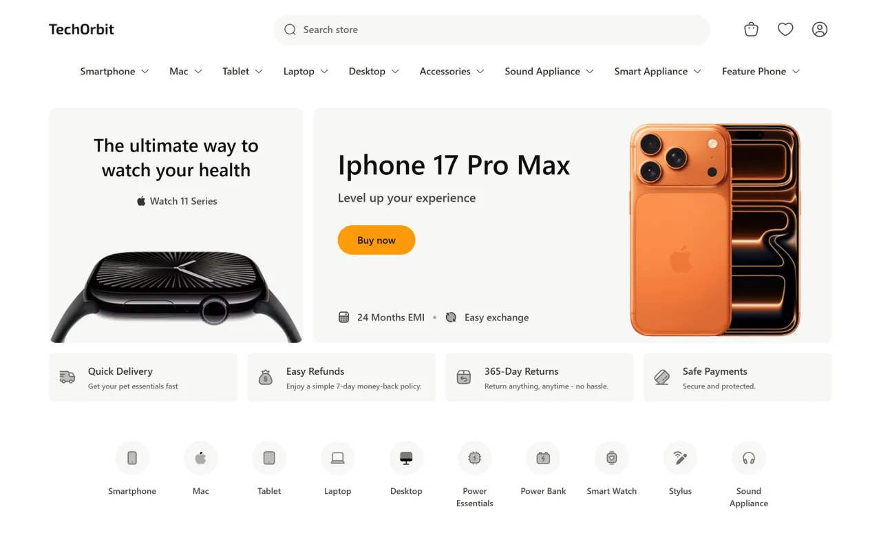 TechOrbit homepage on desktop: header with search and category menu, a smartwatch feature card, an iPhone hero card with a Buy now button, and service highlights below
