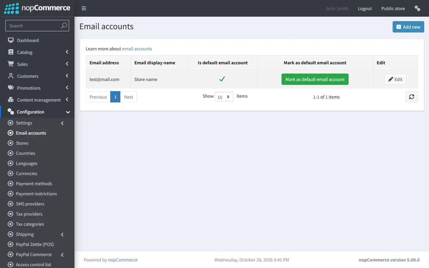 The Configuration → Email accounts page in the nopCommerce 5.00 admin area.