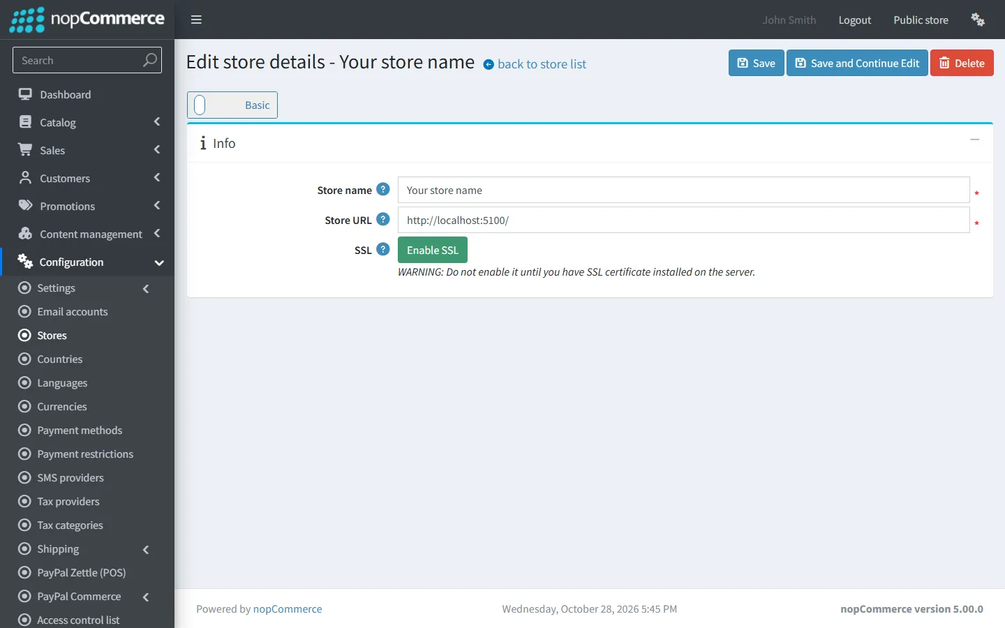 The Configuration → Stores edit page in the nopCommerce 5.00 admin area, with the store URL and SSL settings.
