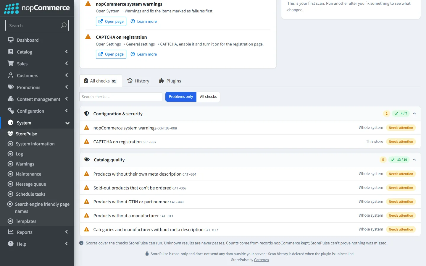 StorePulse findings in nopCommerce 5.00: a CAPTCHA security warning and five catalog quality findings, including products without a meta description, GTIN or manufacturer.
