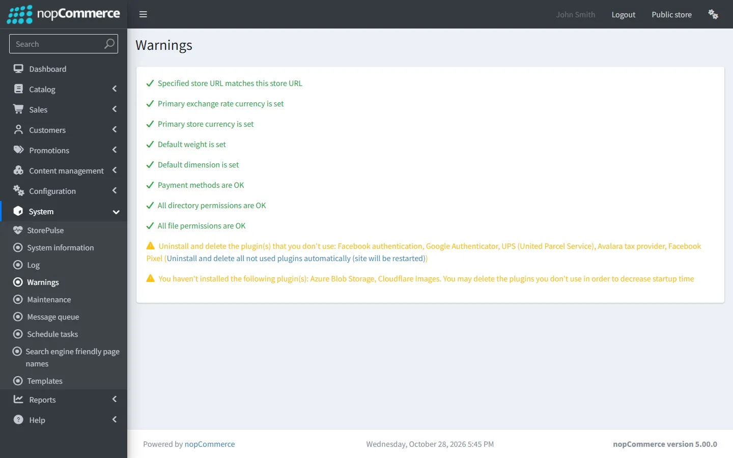 The System → Warnings page in the nopCommerce 5.00 admin area, listing passed checks and warnings.