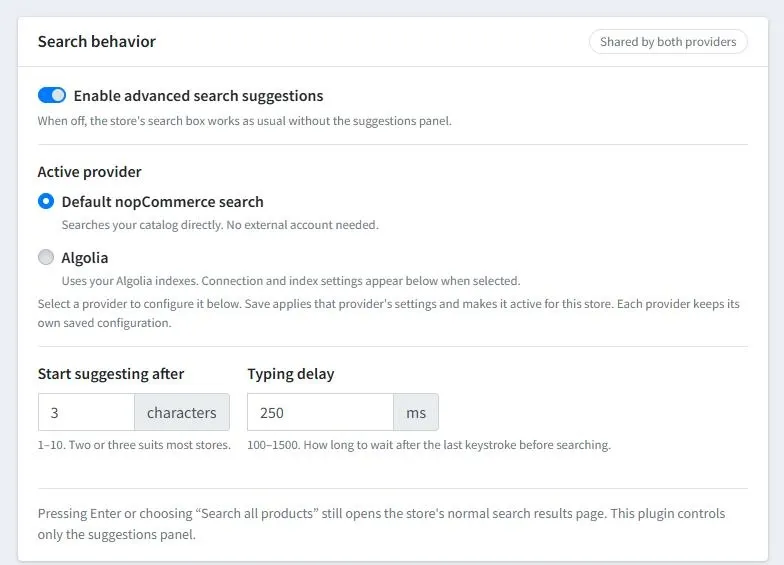Advanced Search behavior settings: enable suggestions, choose Default nopCommerce search or Algolia as the active provider, and set when suggestions start and the typing delay