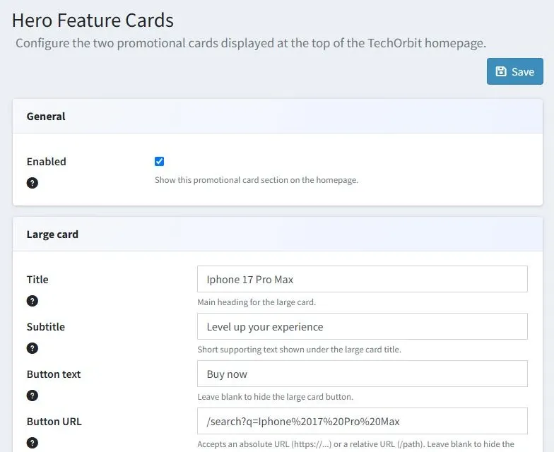Hero Feature Cards admin page with an Enabled checkbox and fields for the large card’s title, subtitle, button text and button URL