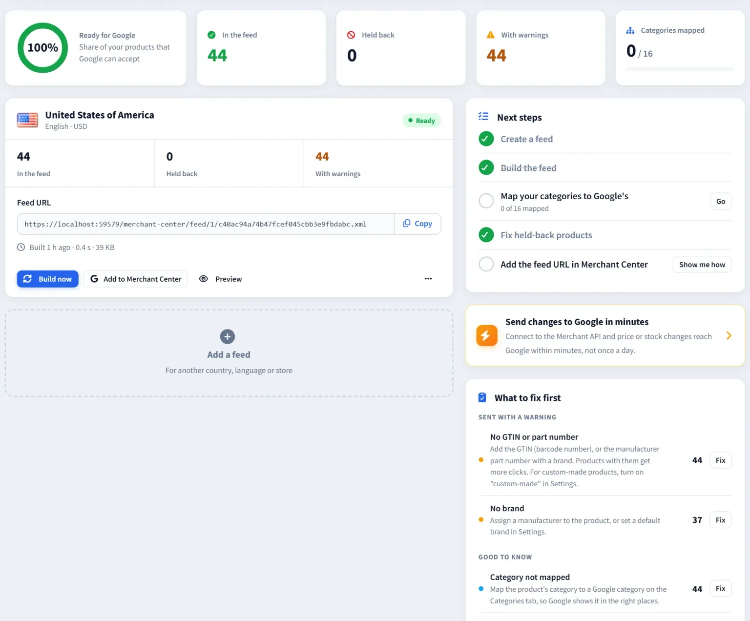 Merchant Center overview in nopCommerce admin: 100% of products ready for Google, 44 in the feed, none held back, 44 with warnings, the United States feed with its feed URL, next steps and “What to fix first” listing products without a GTIN or brand