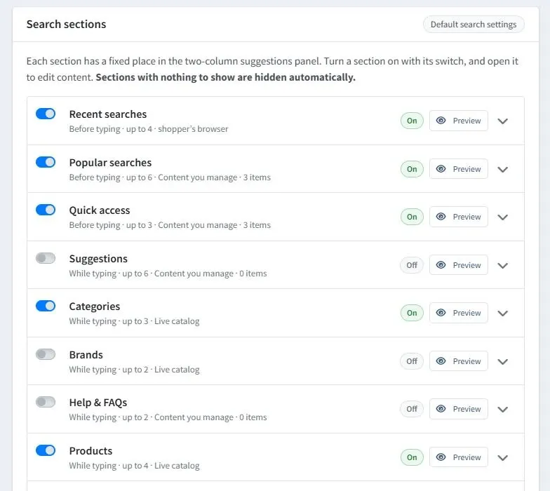 Advanced Search admin list of search sections, each with an on/off switch, when it appears, its item limit and content source, and a Preview button