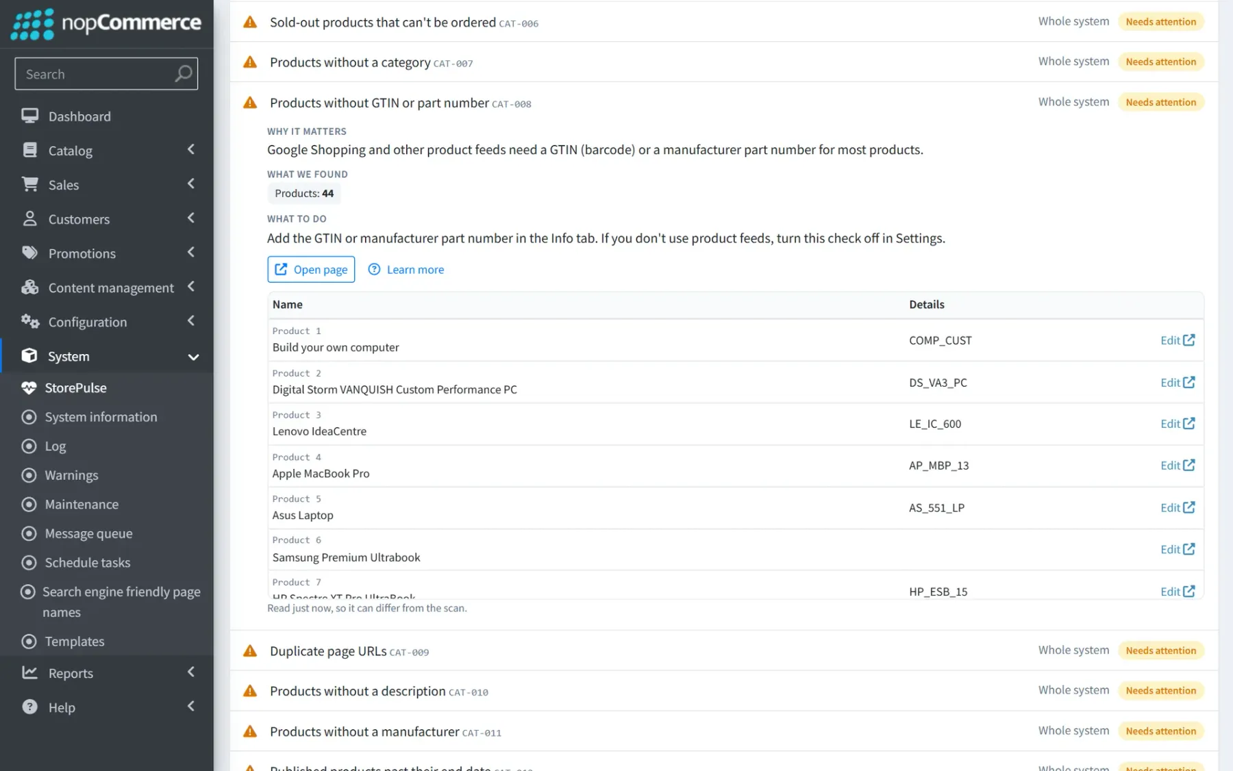StorePulse catalog finding “Products without GTIN or part number”, showing why it matters for Google Shopping, the 44 products found and a list of the affected products, each with an Edit link.