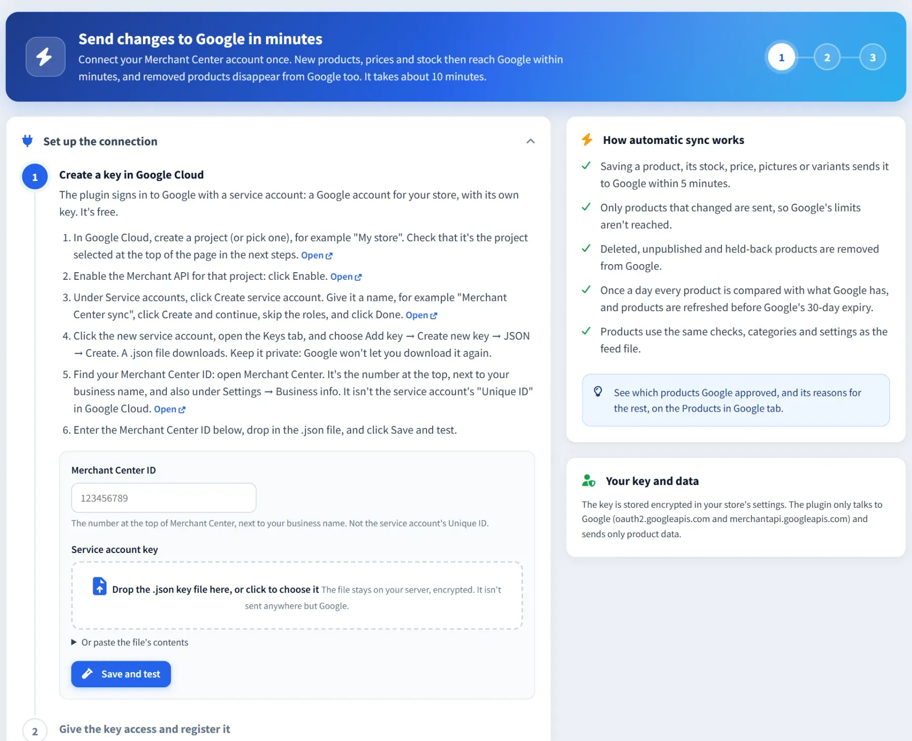 Google connection page: three steps to connect the Merchant API, with numbered instructions for creating a service account key in Google Cloud, the Merchant Center ID field and a drop zone for the key file, and how automatic sync works