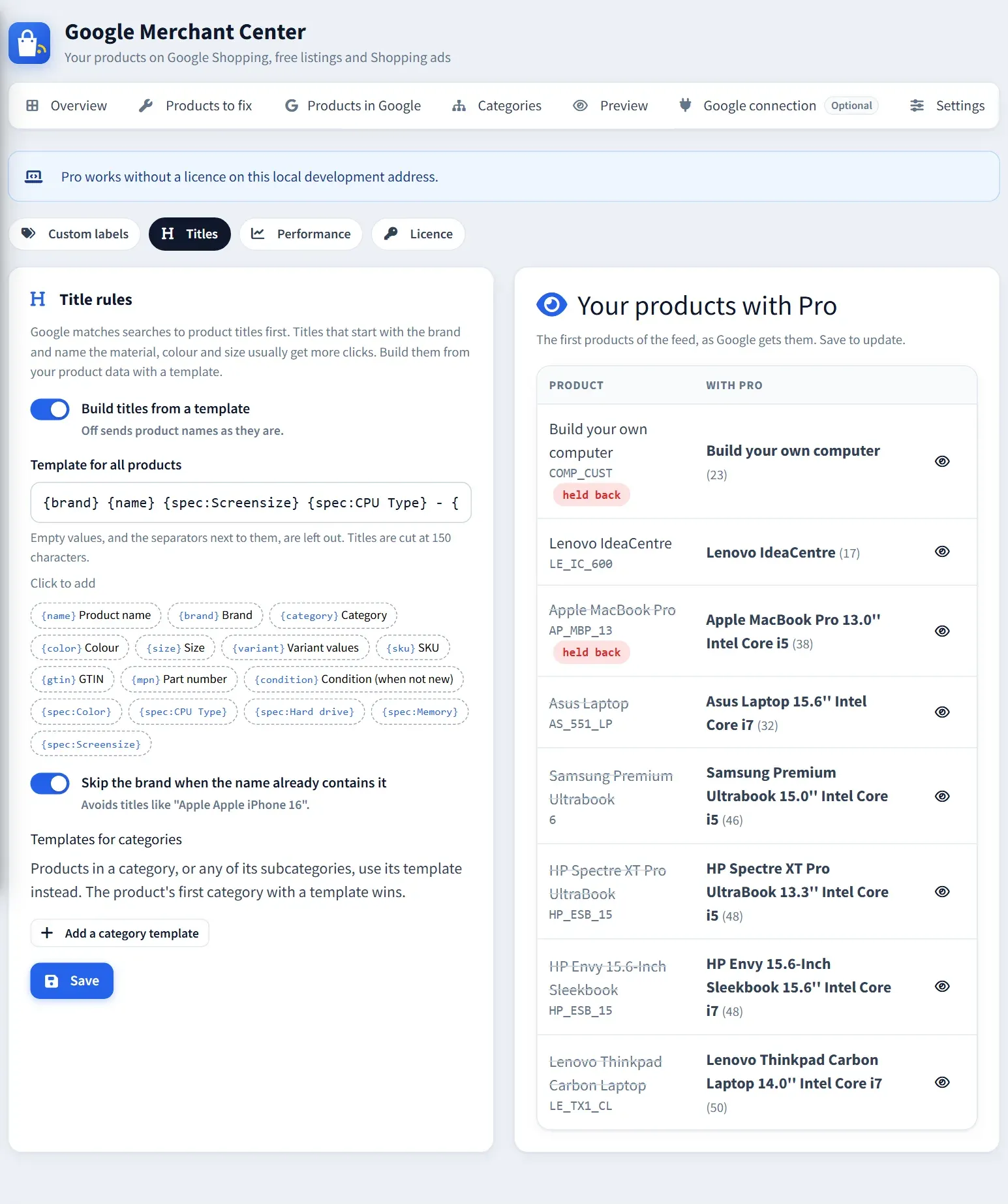 Title rules page in nopCommerce admin with the template {brand} {name} {spec:Screensize} {spec:CPU Type}, clickable tokens, and a preview of each product’s title before and after, such as Asus Laptop becoming Asus Laptop 15.6'' Intel Core i7