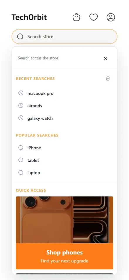 Search panel on a phone before typing, with recent searches, popular searches and a full-width quick-access card