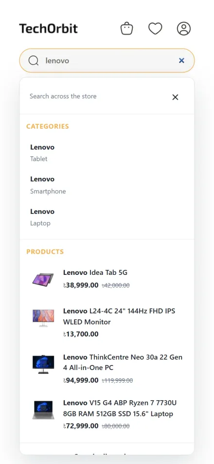 Search panel on a phone while typing "lenovo", with categories stacked above product previews
