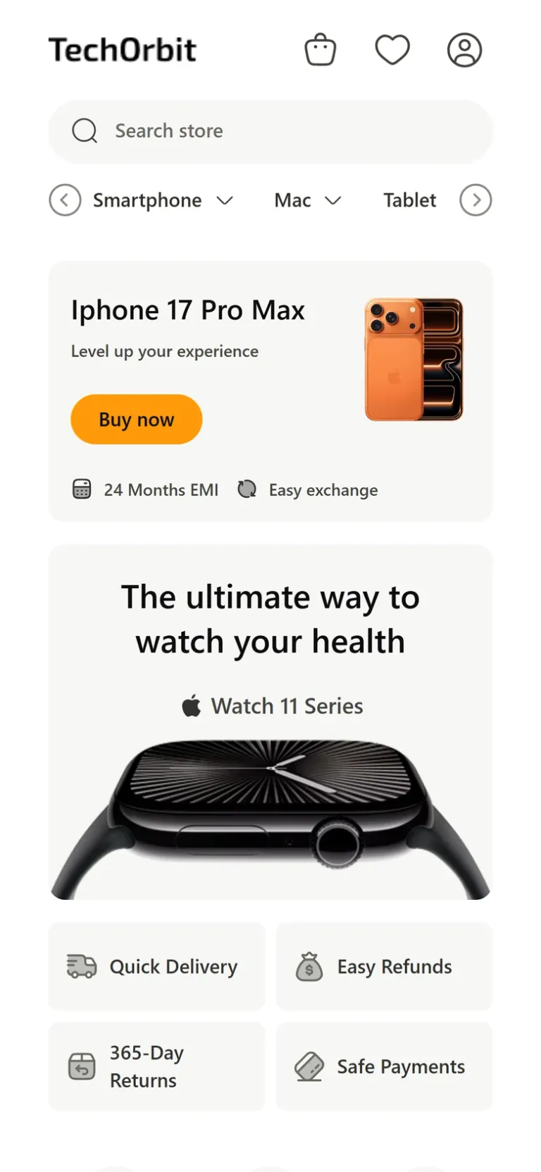 TechOrbit homepage on a phone: compact header, full-width search box, scrollable category menu and stacked hero cards