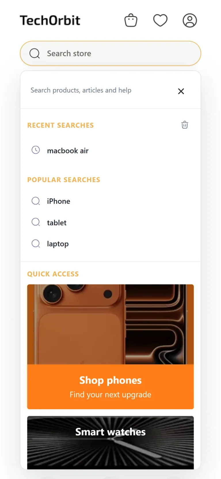 Advanced Search on a phone: the panel fills the screen width with recent searches, popular searches and a full-width quick-access card